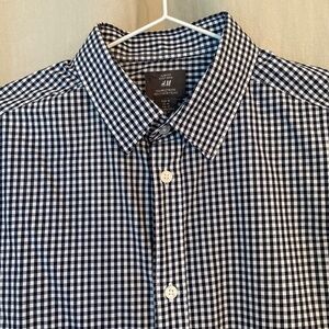 Mens H&M Slim Fit 100% Cotton Navy Gingham Dress Shirt - Medium - NWOT
